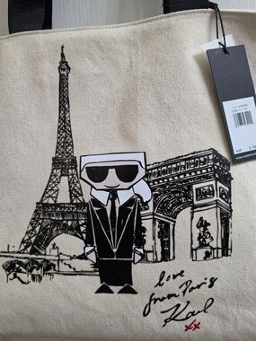 Karl Lagerfeld Canvas Paris Tote in Cream and Black